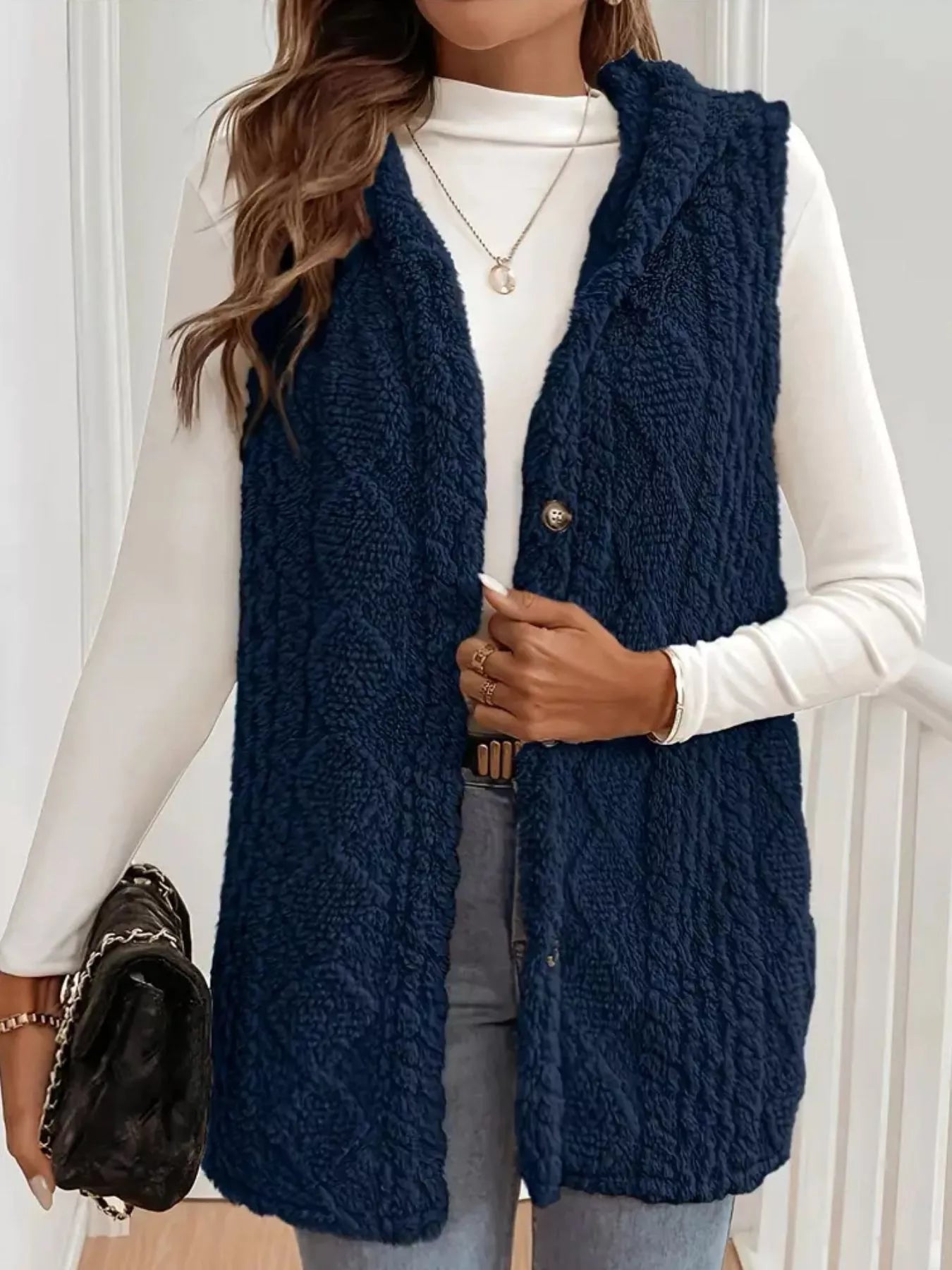 Button-Down Sherpa Hooded Vest Coat