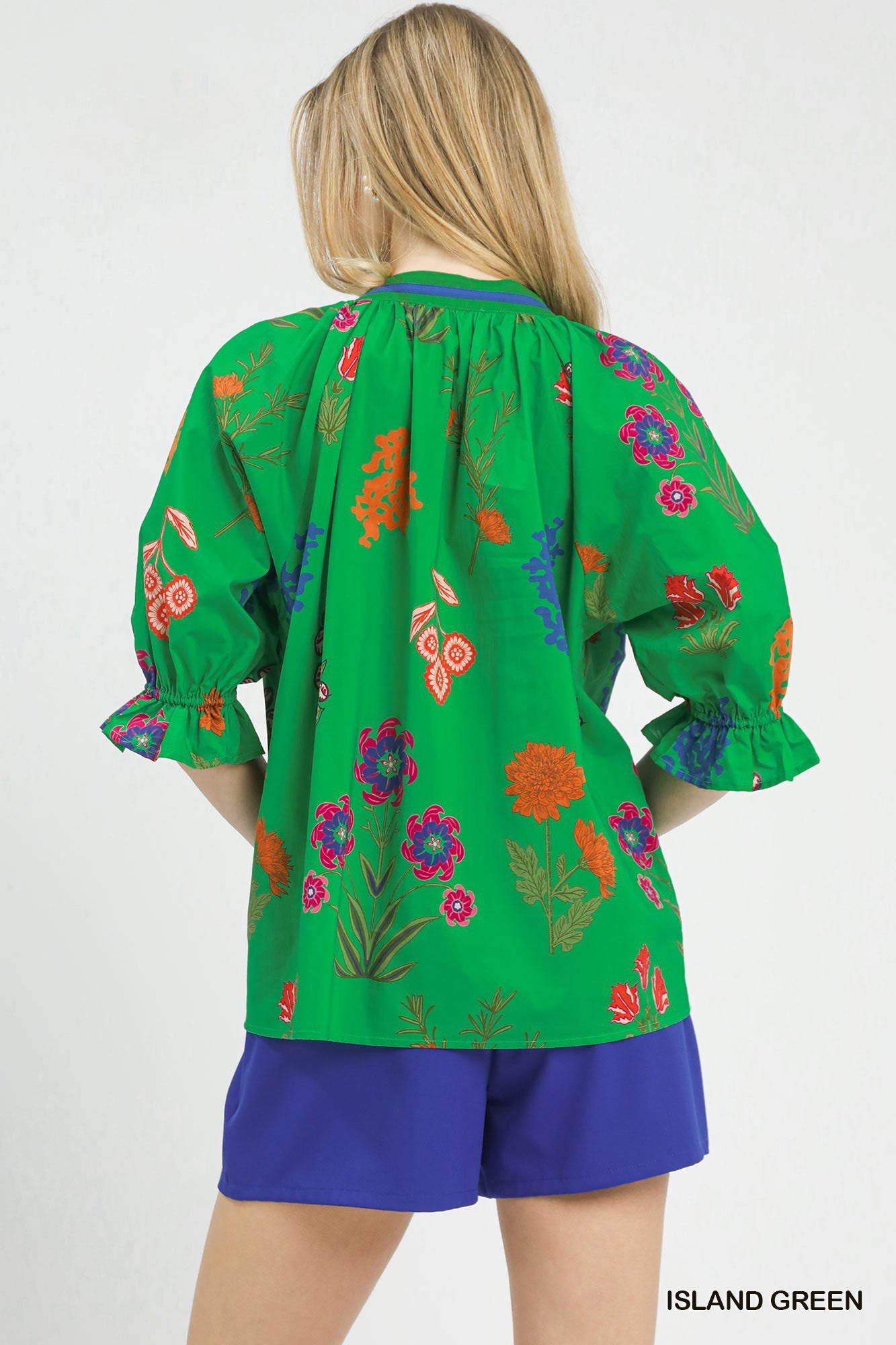 Umgee Floral Split Neck Puff Sleeve Top