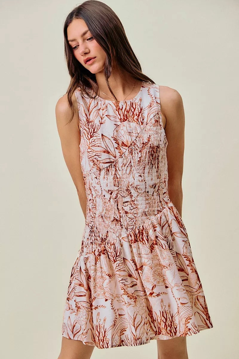 SO ME Shell Print Smocked Fit And Flare Mini Lined Dress
