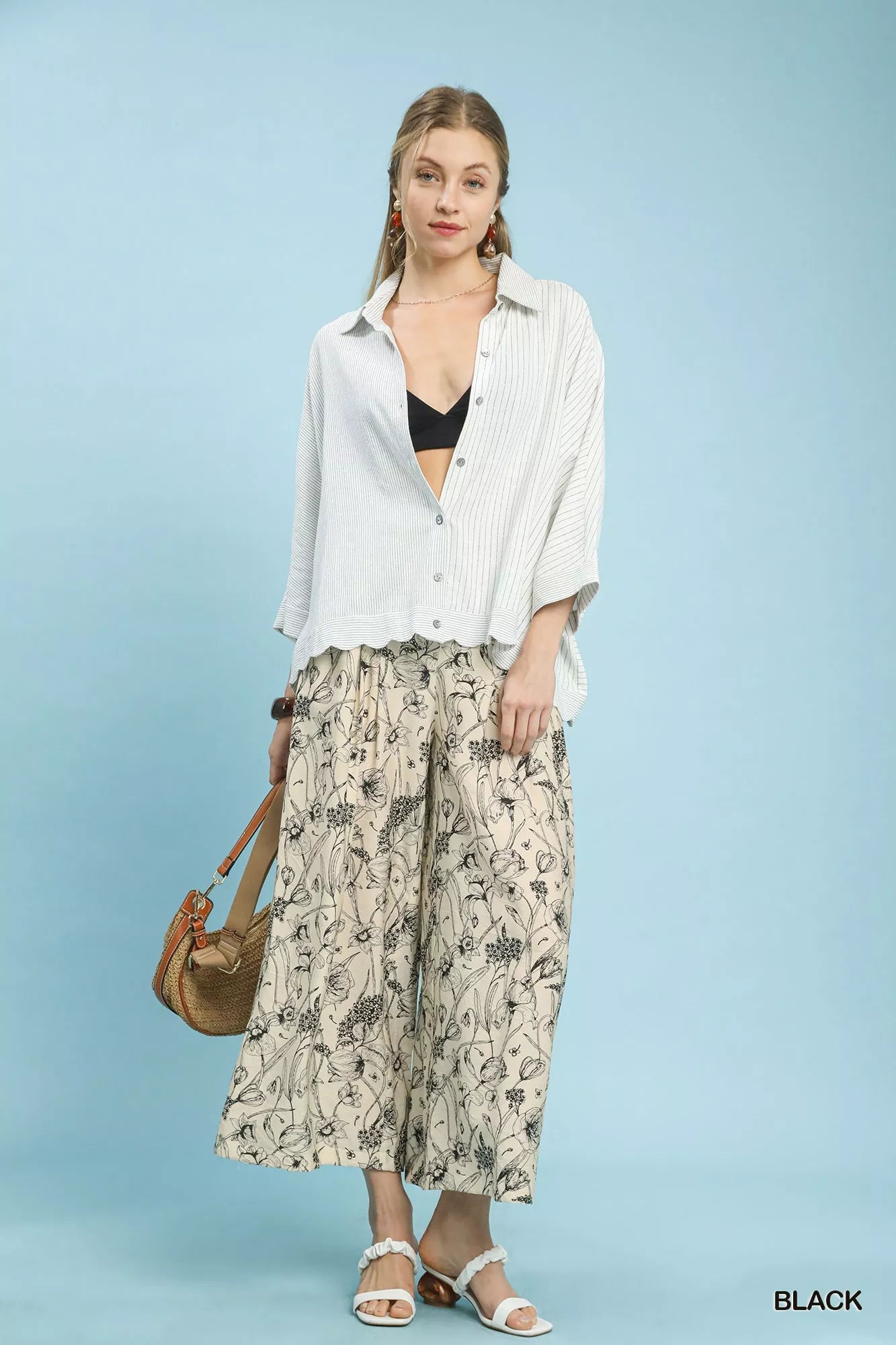 Umgee Two Tone Floral Print Pants
