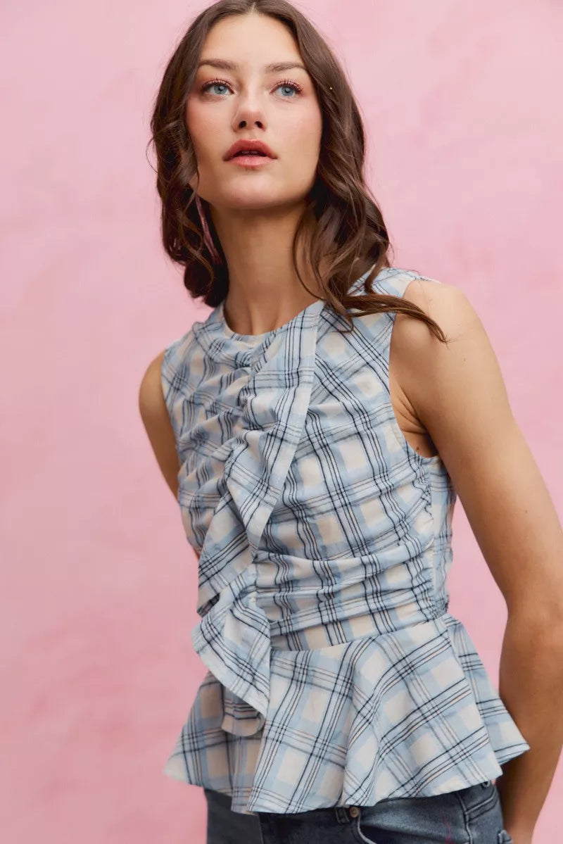 SO ME Plaid Sleeveless Ruffle Peplum Top