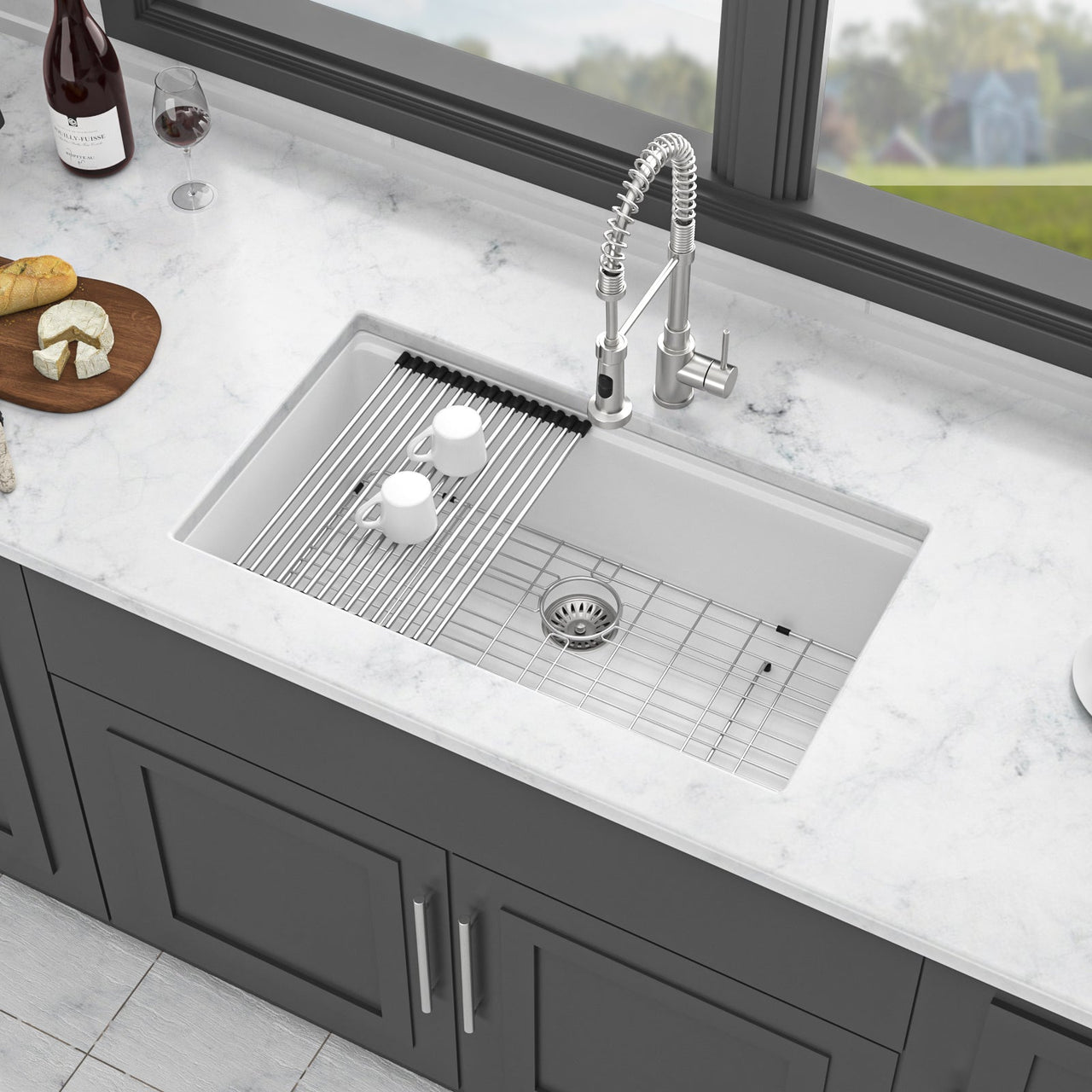 Quartz Kitchen Sink - Workstation Undermount Sink in White Granite Composite, 30' x 19'