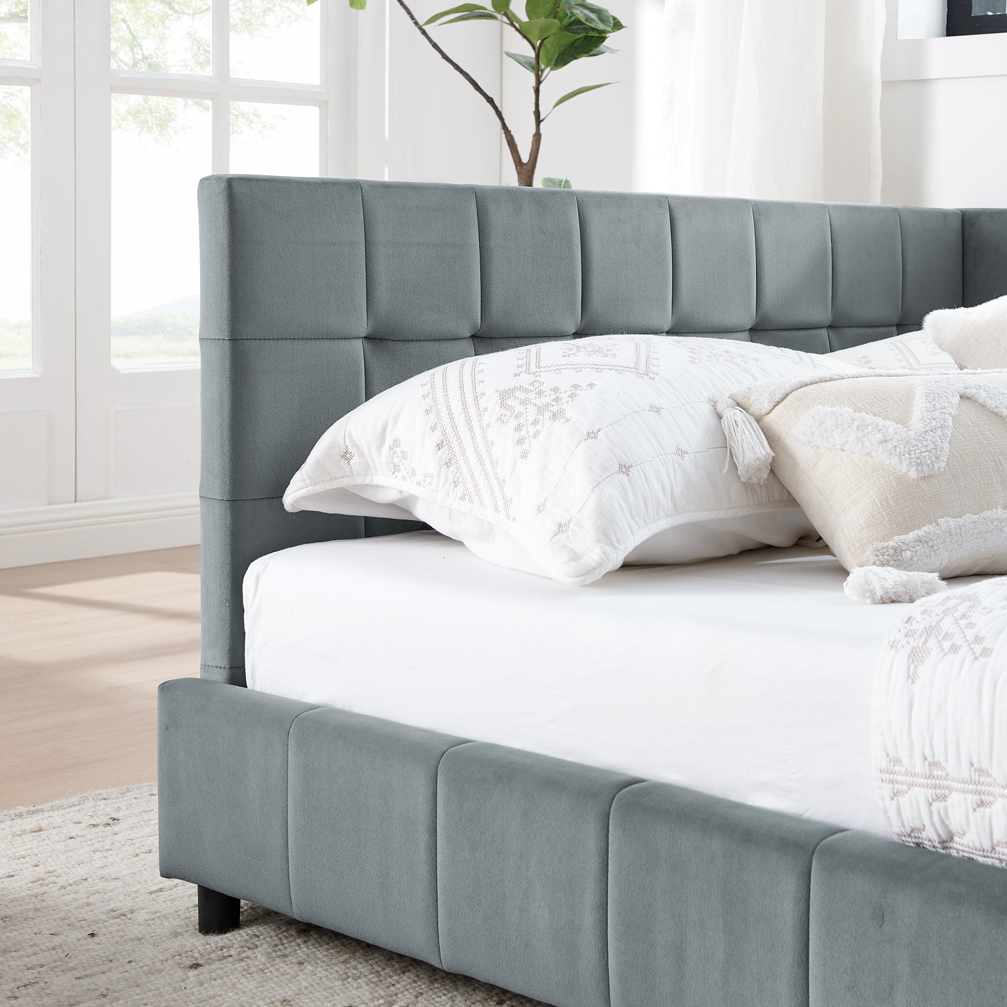Velvet Grey Full Size Upholstered Tufted Bed Frame with Backrest and Armrests, 80.5''*59''*30.5''