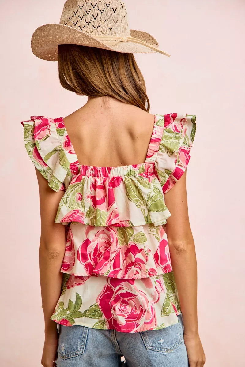 BiBi Floral Print Woven Bow Tie Ruffle Square Neck Top
