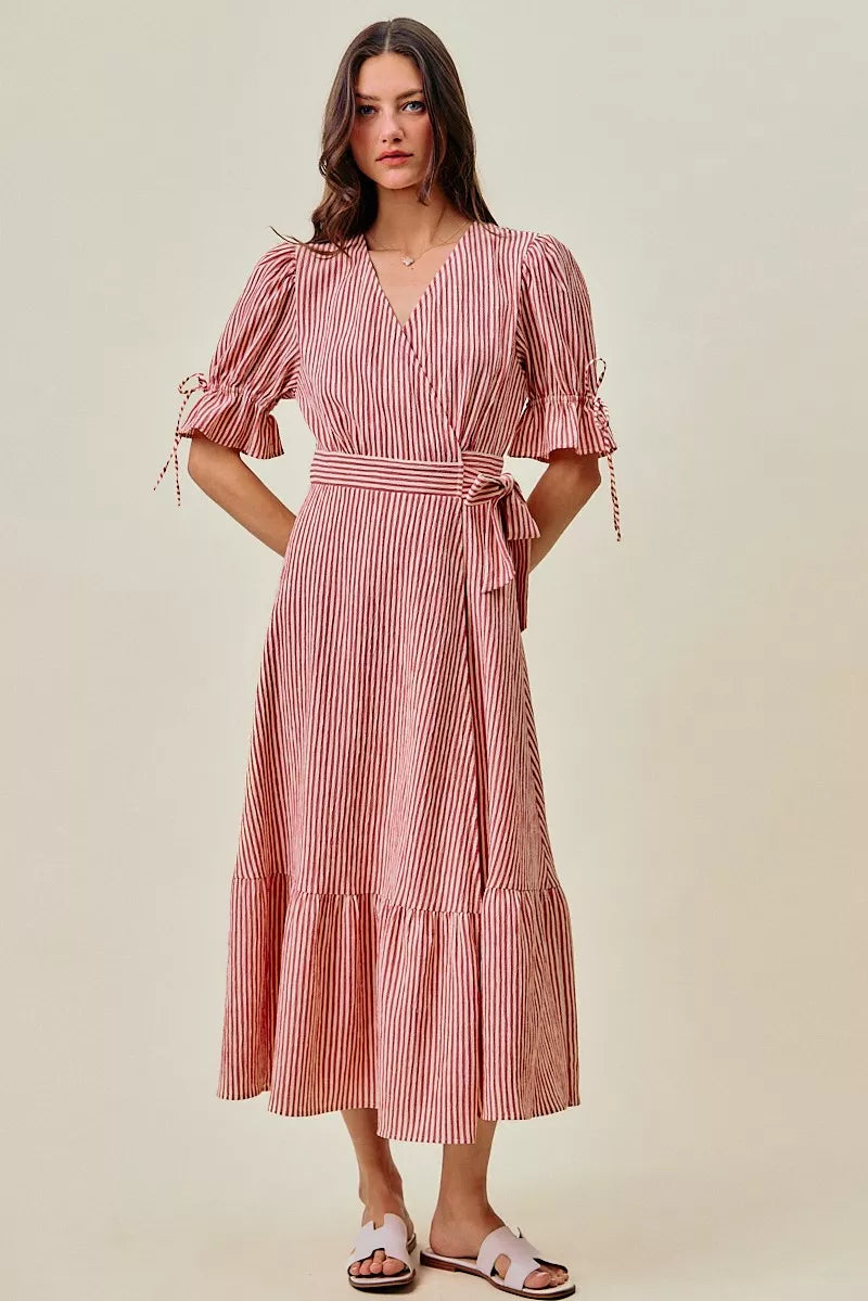 SO ME Stripe Textured Short Sleeves Lined Wrap Midi Dres