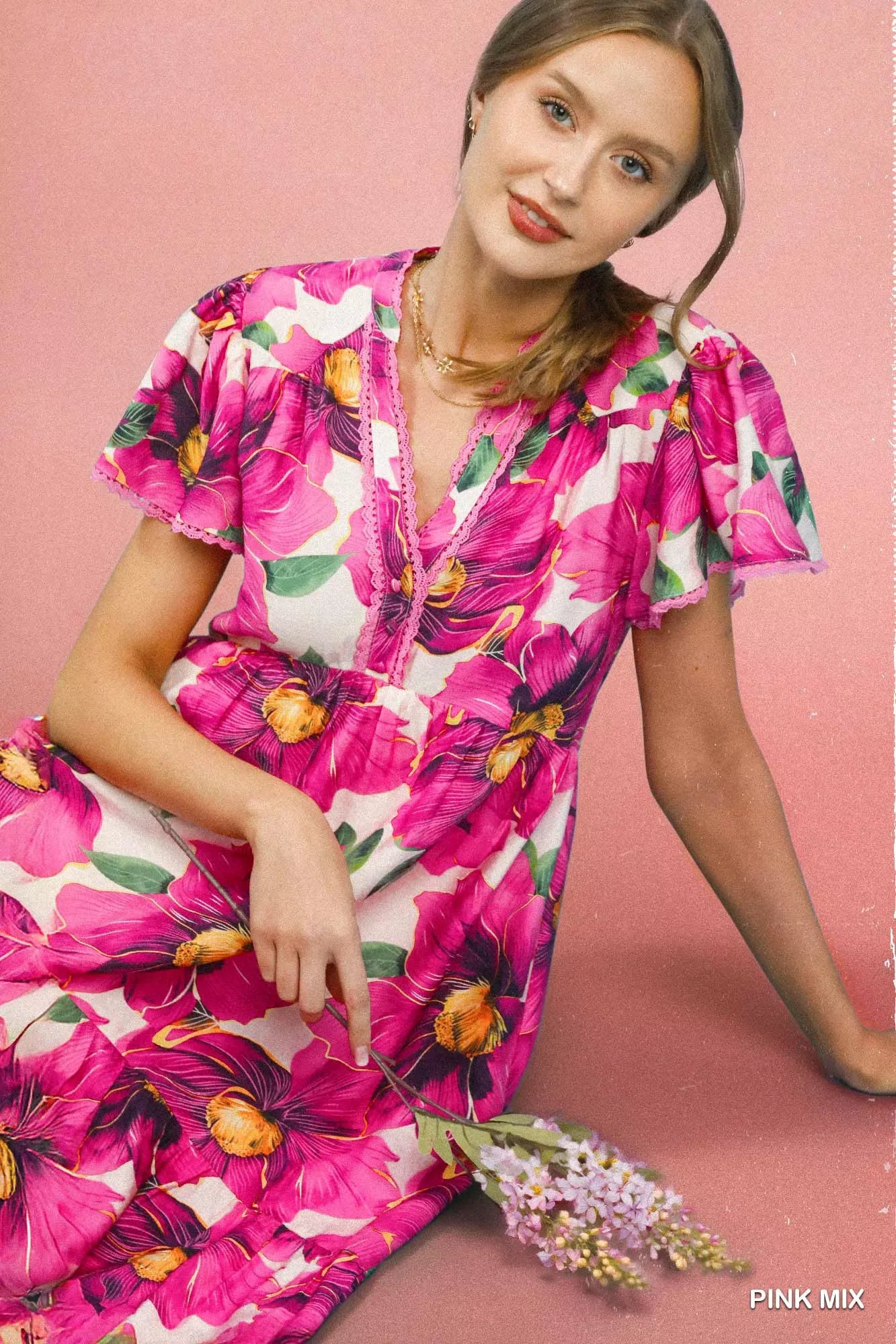Umgee Tropical Floral V-Neck Flutter Sleeve Tiered Midi Dress