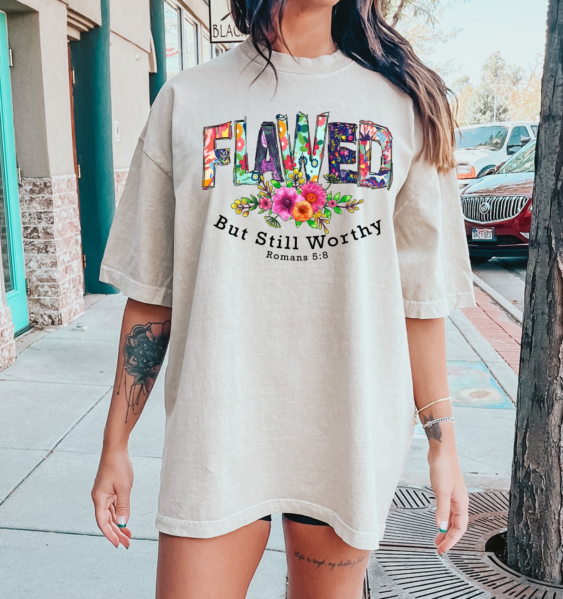 Flawed But Still Worthy Bold Inspirational Statement On Soft Premium Fabric Comfort Colors Tee
