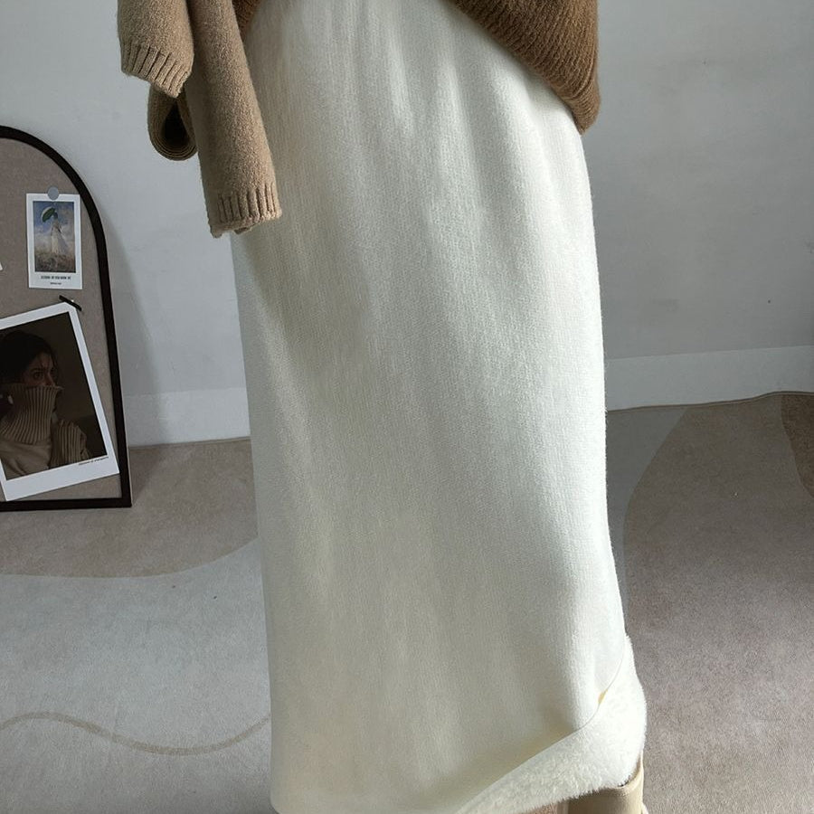 Winter Fleece Midi Skirt | Warm Knit High-Waist Skirt with Side Slit (MS207)