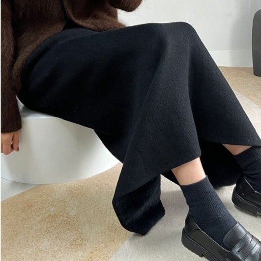 Winter Fleece Midi Skirt | Warm Knit High-Waist Skirt with Side Slit (MS207)