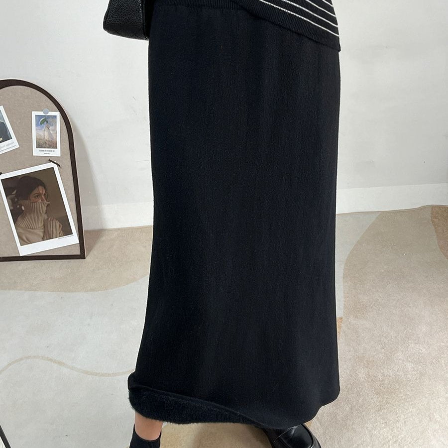 Winter Fleece Midi Skirt | Warm Knit High-Waist Skirt with Side Slit (MS207)
