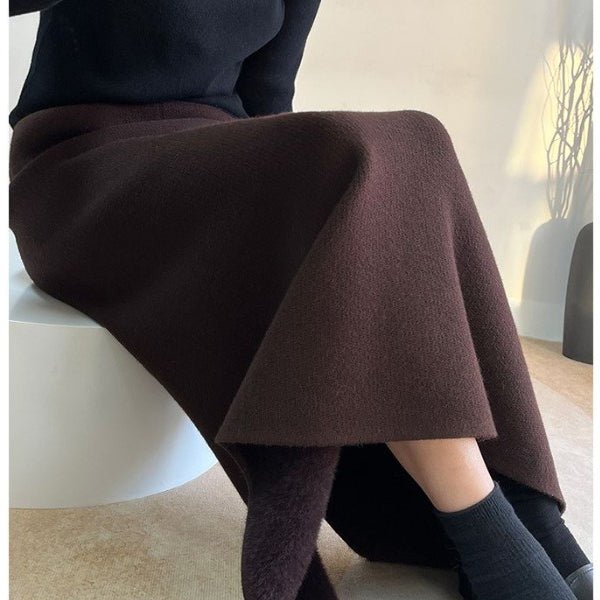Winter Fleece Midi Skirt | Warm Knit High-Waist Skirt with Side Slit (MS207)