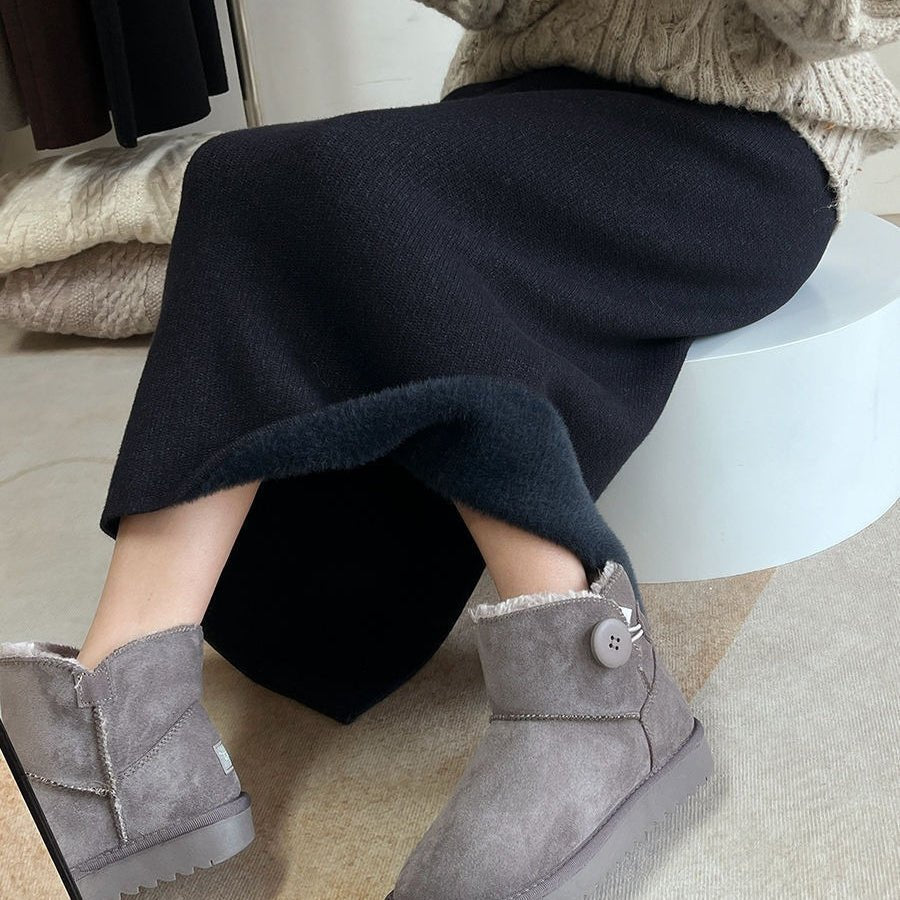 Winter Fleece Midi Skirt | Warm Knit High-Waist Skirt with Side Slit (MS207)
