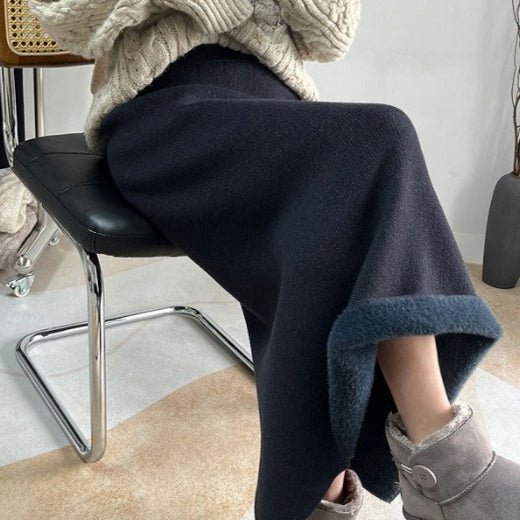 Winter Fleece Midi Skirt | Warm Knit High-Waist Skirt with Side Slit (MS207)