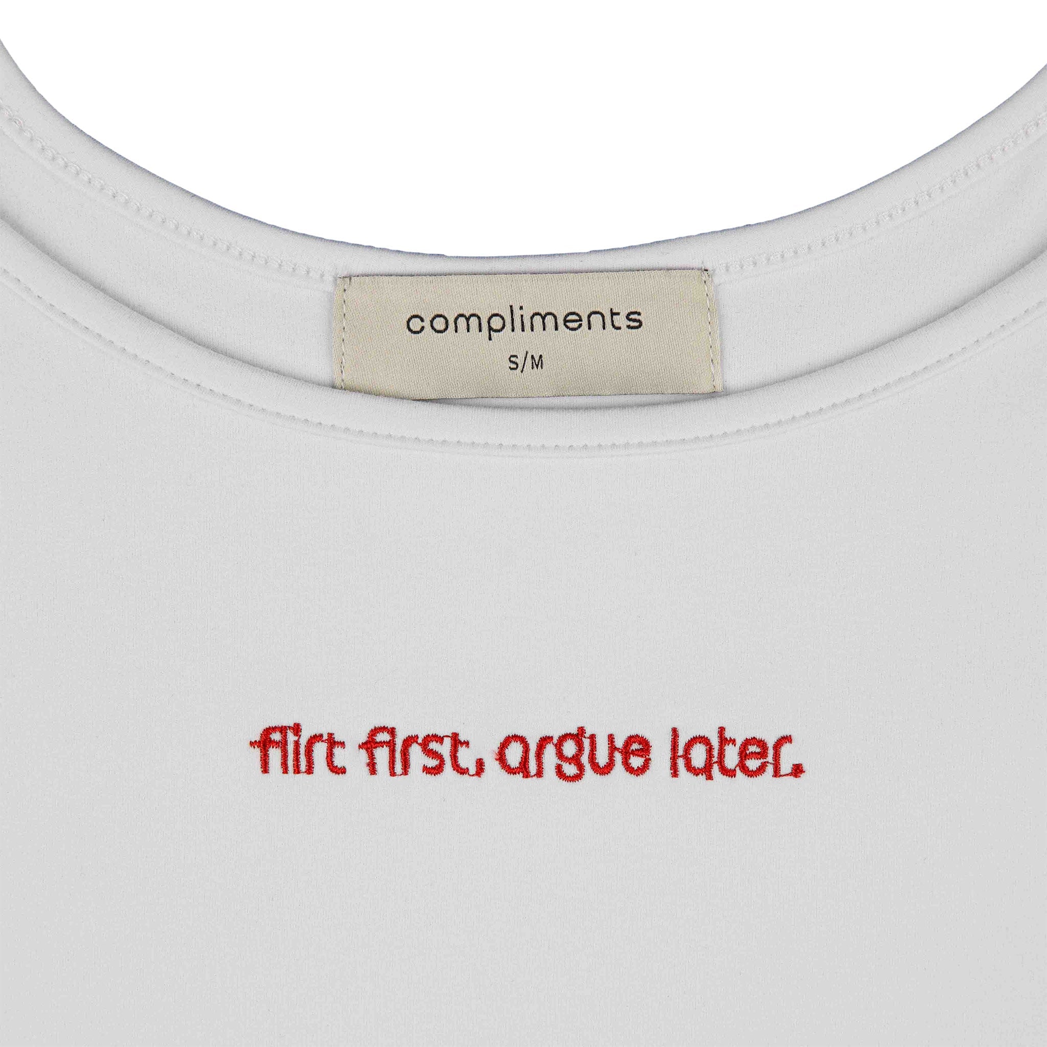 Compliments Flirt First, Argue Later Women's Tank White