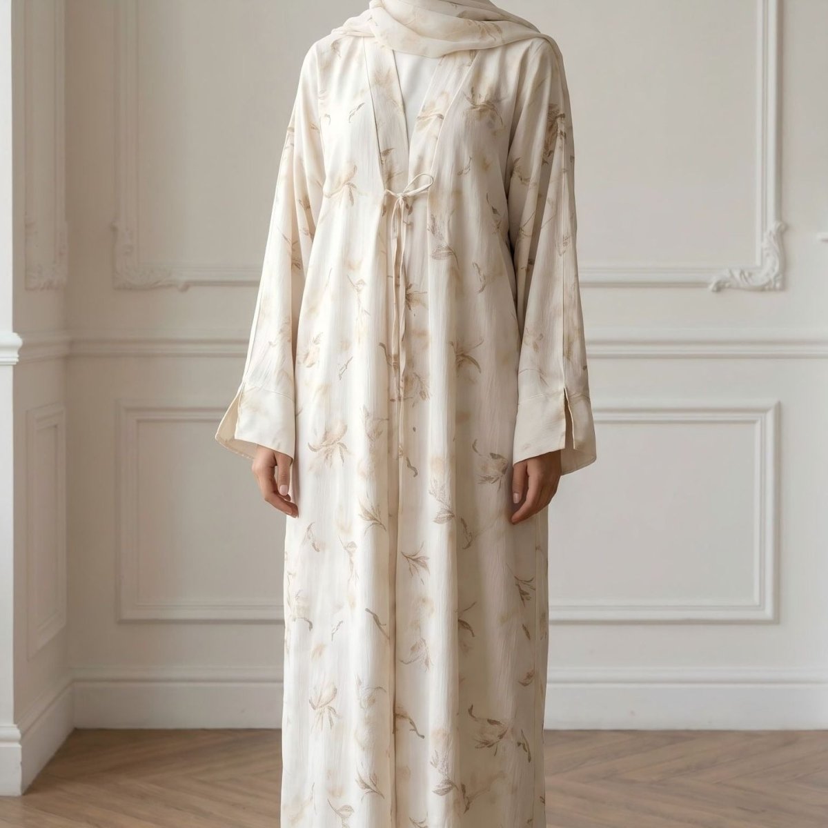 Floral Bird Print Satin Open Abaya(MOA322)