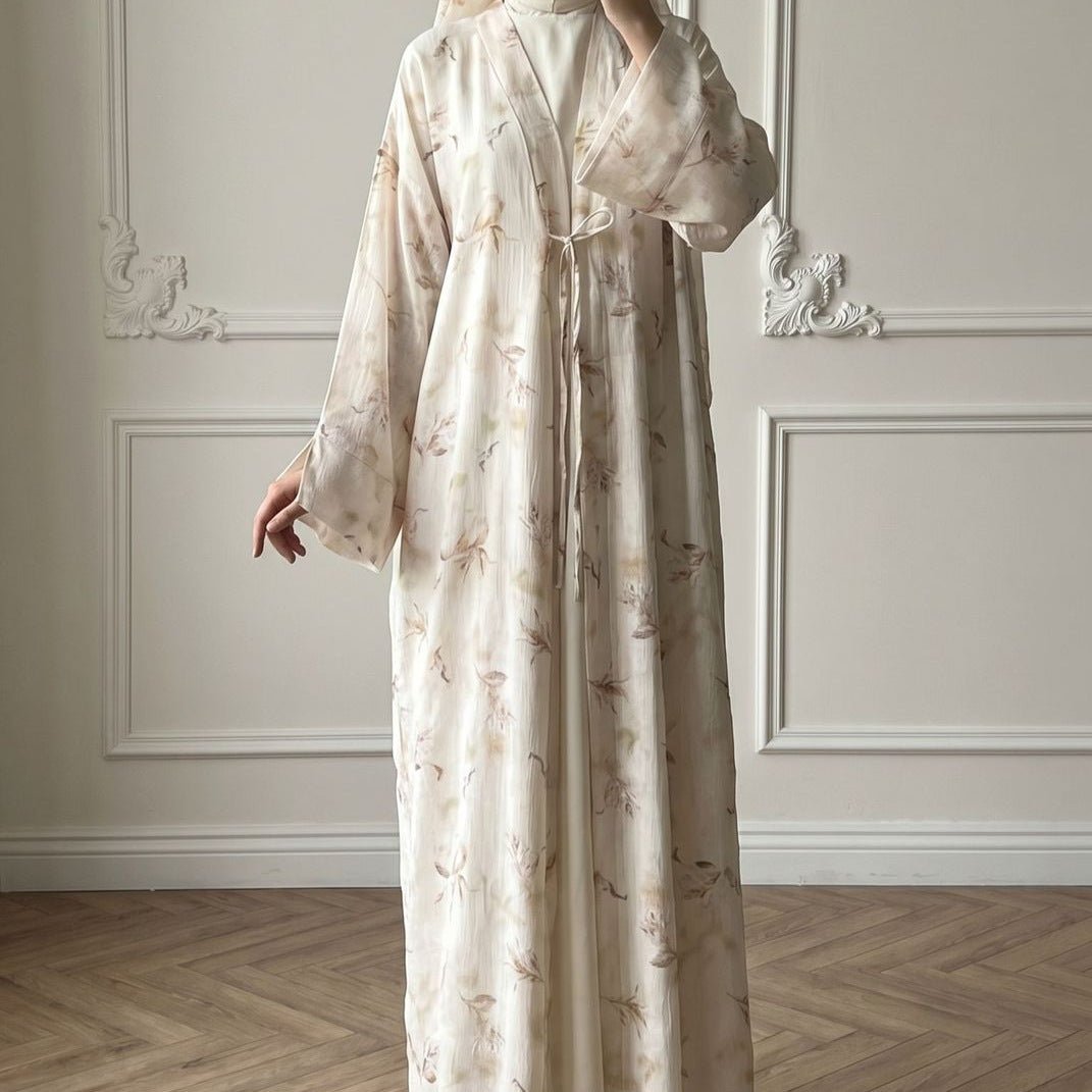 Floral Bird Print Satin Open Abaya(MOA322)