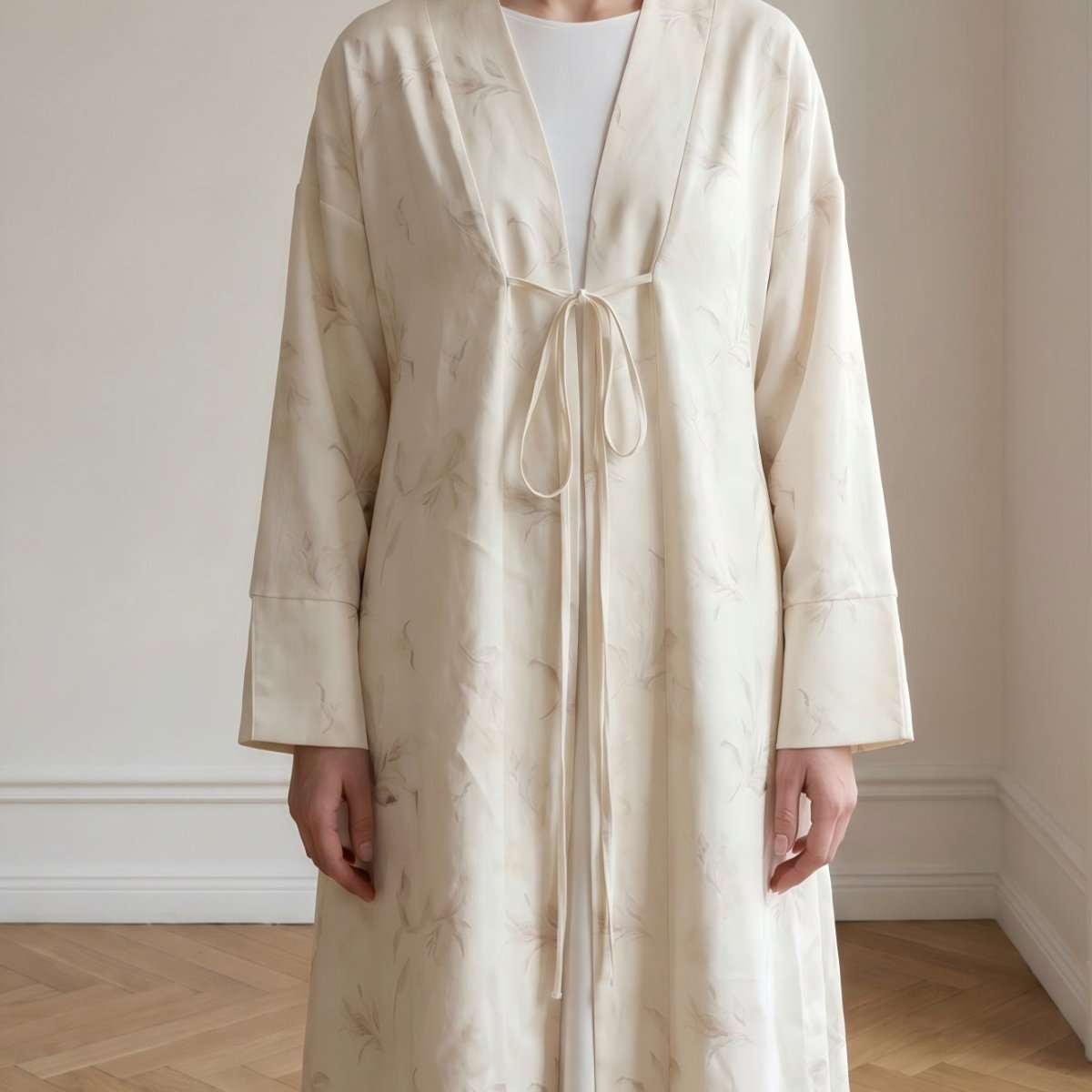 Floral Bird Print Satin Open Abaya(MOA322)