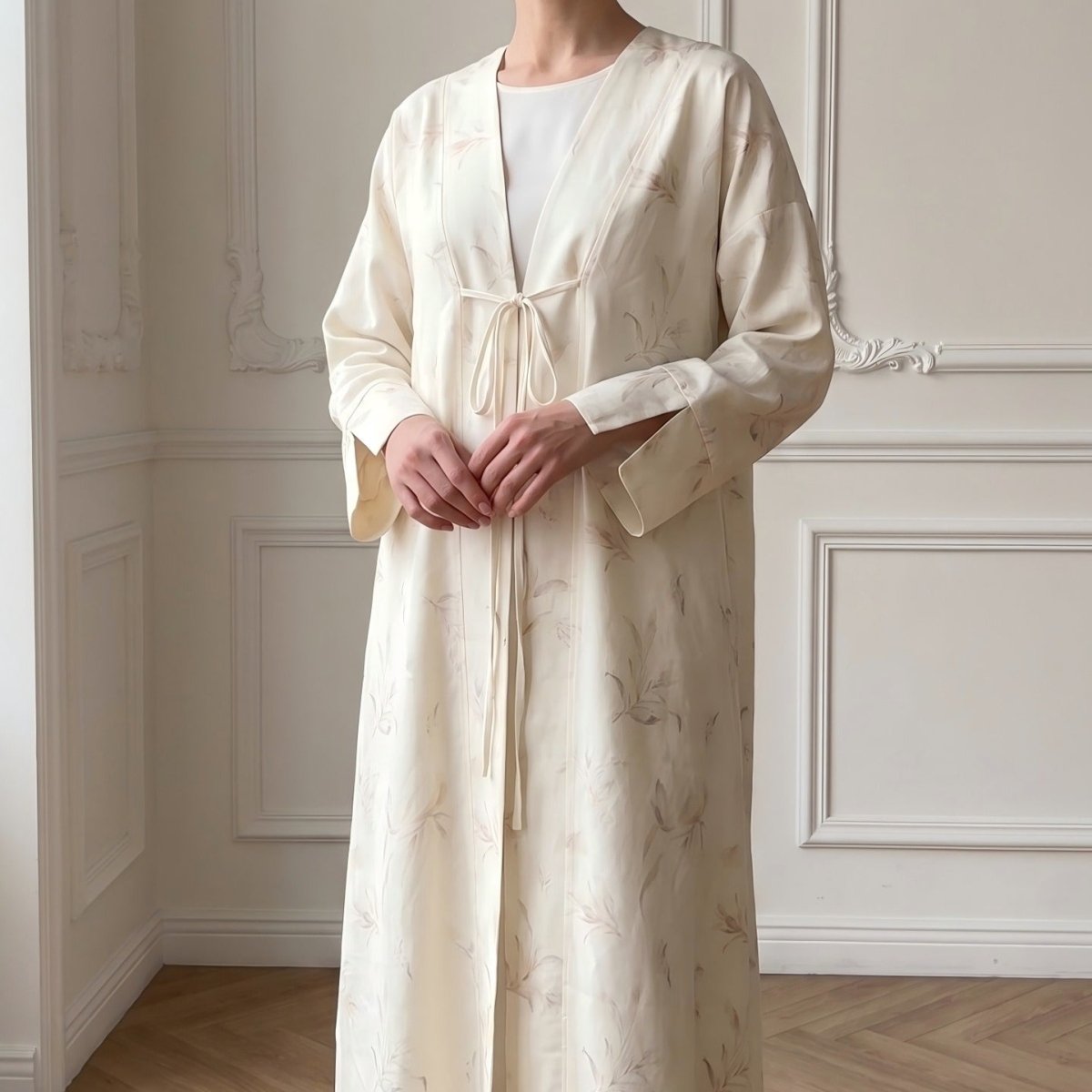 Floral Bird Print Satin Open Abaya(MOA322)