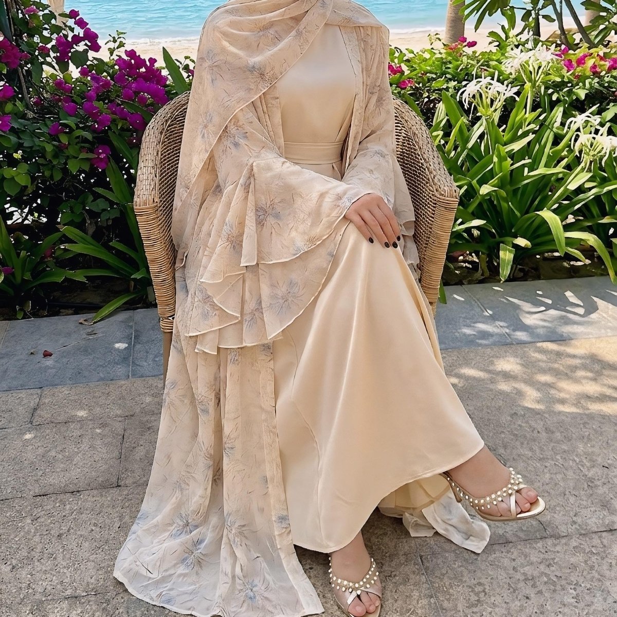 Floral Chiffon 3-Piece Open Abaya Set(MOA301)