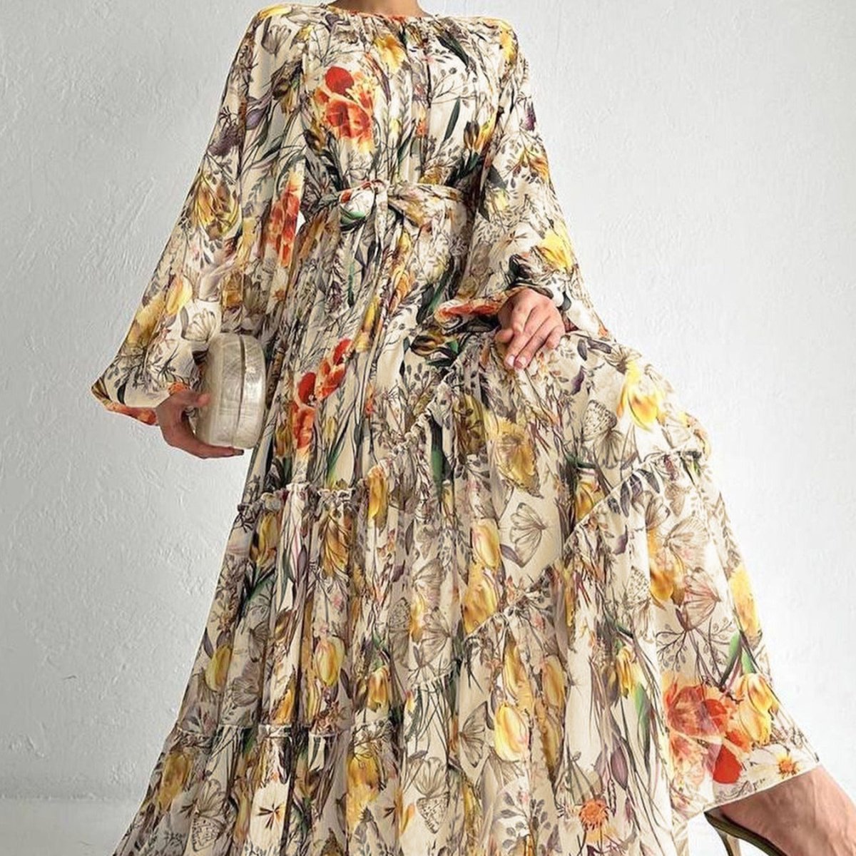 Floral Chiffon Dress with Three-Tier Ruffle Skirt (MA407)