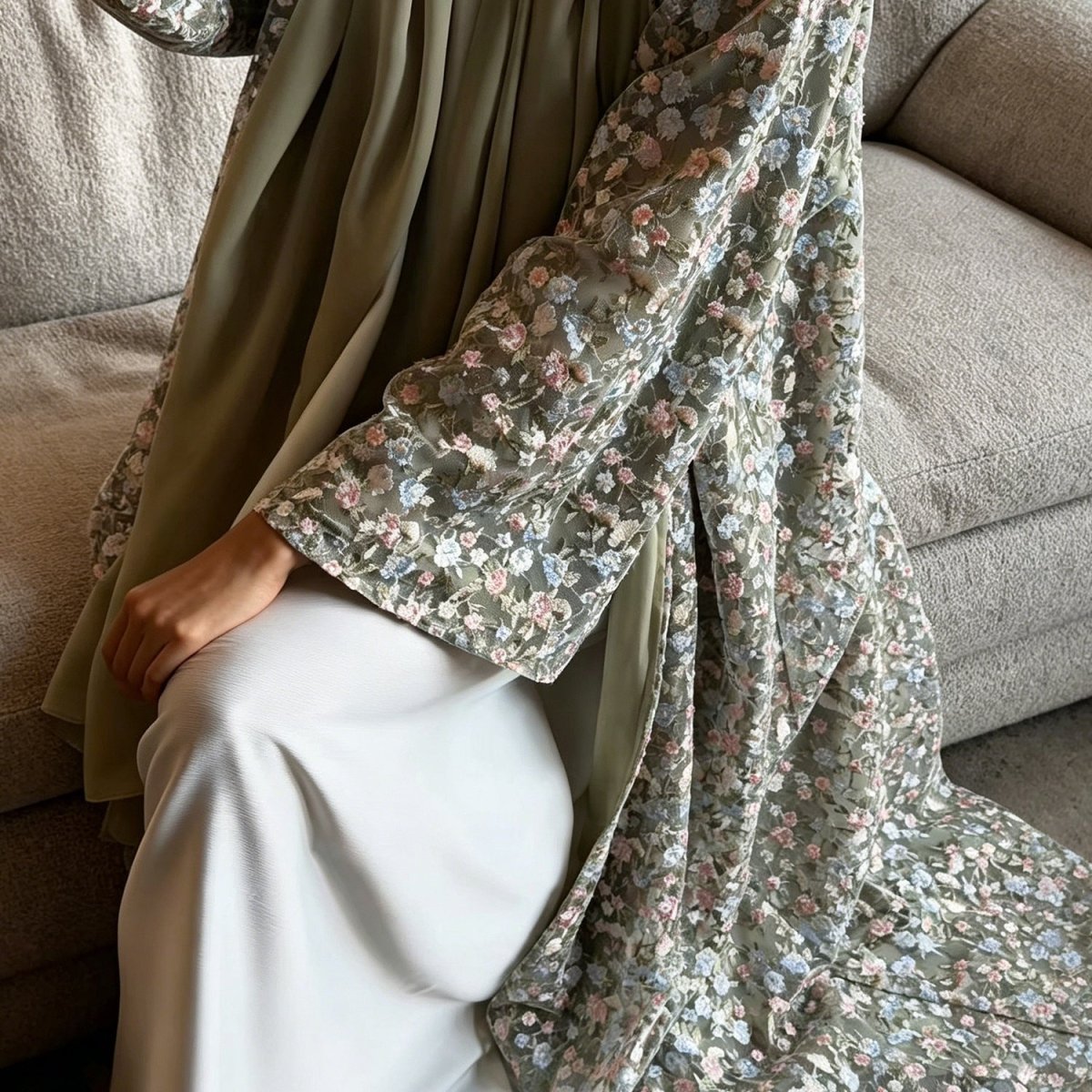 Floral Embroidered Mesh Open Abaya & Hijab Set(MOA321)