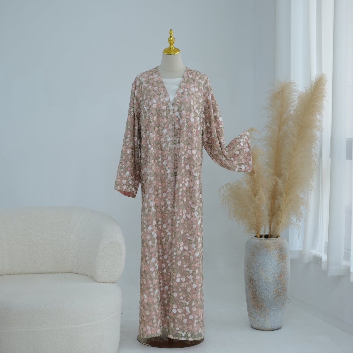 Floral Embroidered Mesh Open Abaya & Hijab Set(MOA321)