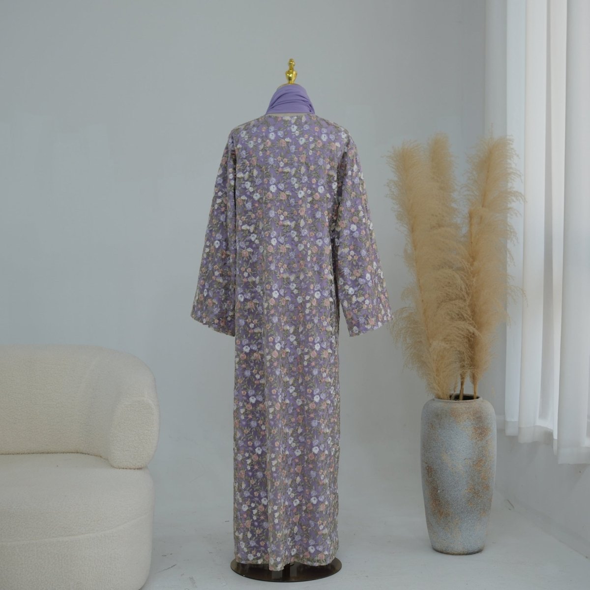 Floral Embroidered Mesh Open Abaya & Hijab Set(MOA321)