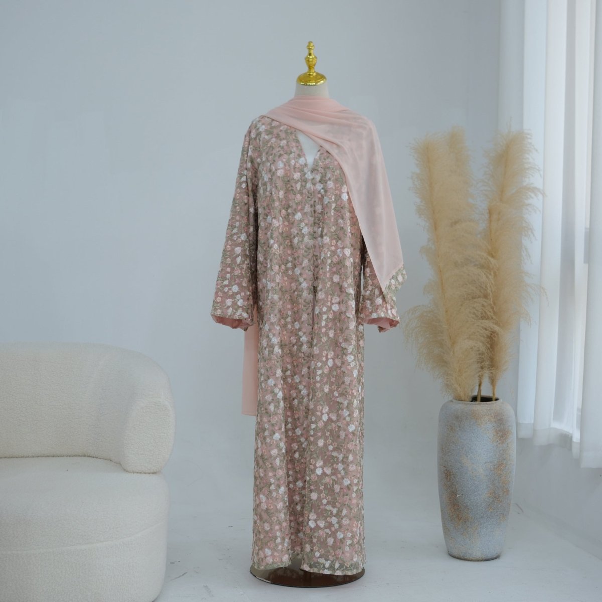 Floral Embroidered Mesh Open Abaya & Hijab Set(MOA321)
