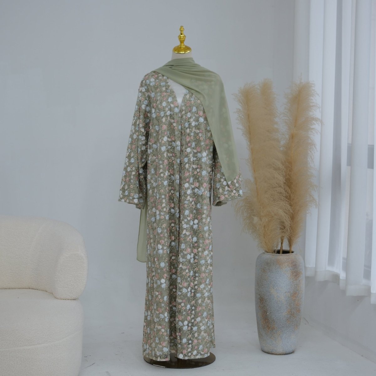 Floral Embroidered Mesh Open Abaya & Hijab Set(MOA321)
