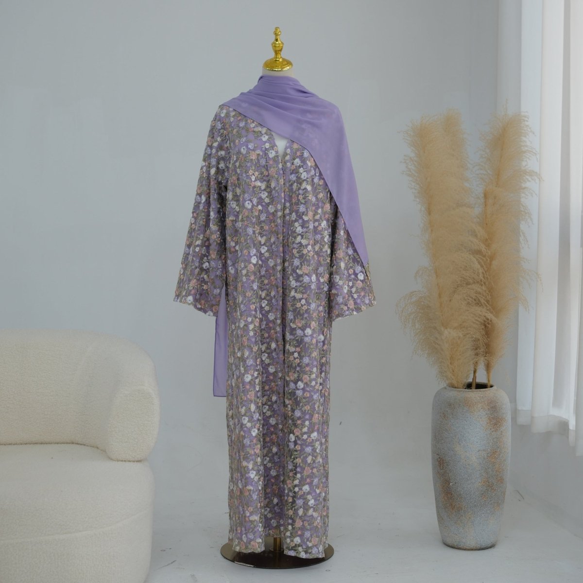Floral Embroidered Mesh Open Abaya & Hijab Set(MOA321)