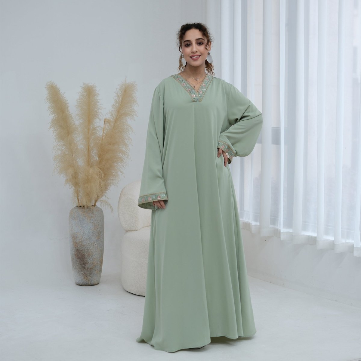Floral Embroidered V-Neck Nida Maxi Dress(MA448)