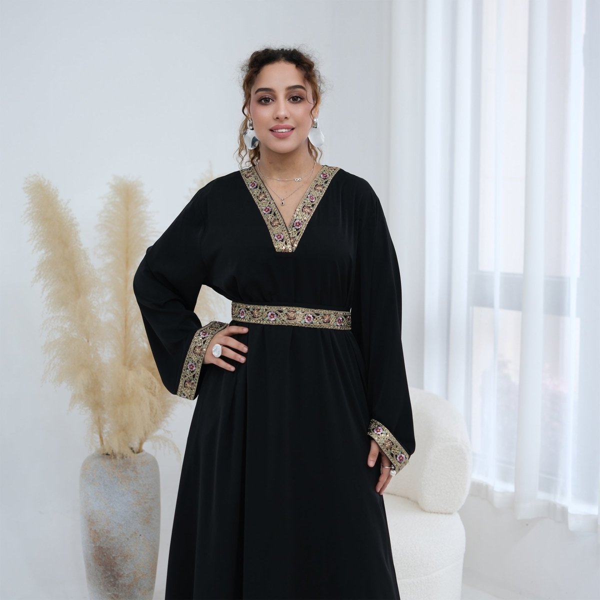 Floral Embroidered V-Neck Nida Maxi Dress(MA448)