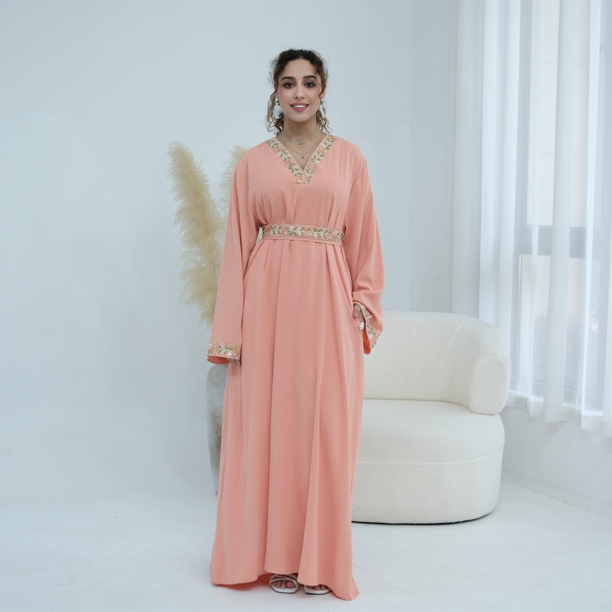 Floral Embroidered V-Neck Nida Maxi Dress(MA448)