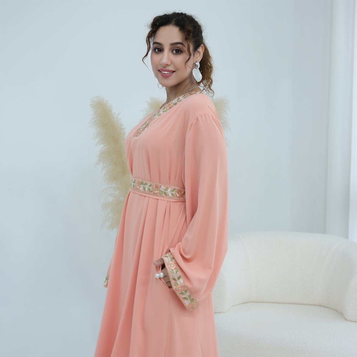 Floral Embroidered V-Neck Nida Maxi Dress(MA448)