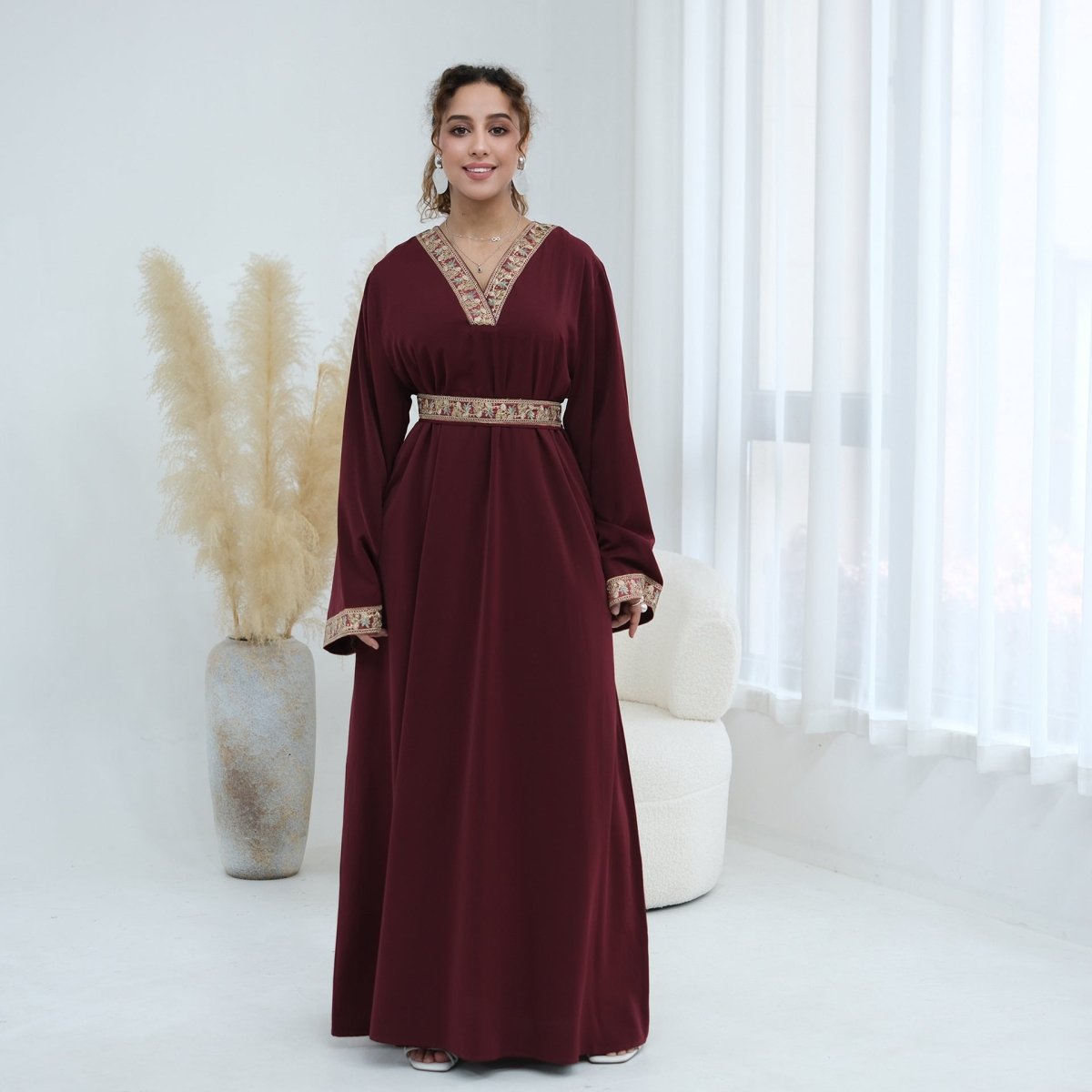 Floral Embroidered V-Neck Nida Maxi Dress(MA448)
