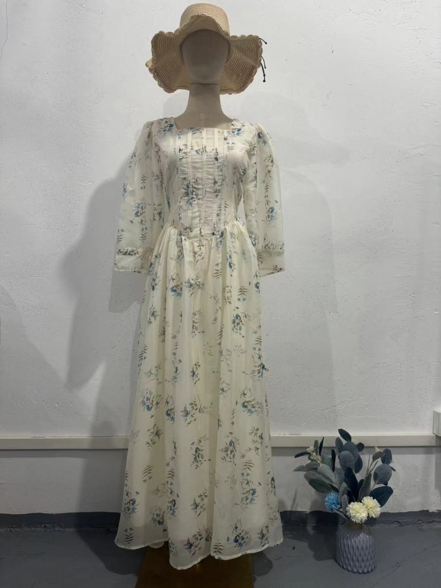 Floral Fairy Romantic Square Neck Bubble Sleeve Gown Dress Abaya with Back Lace-Up Detail (MA224)