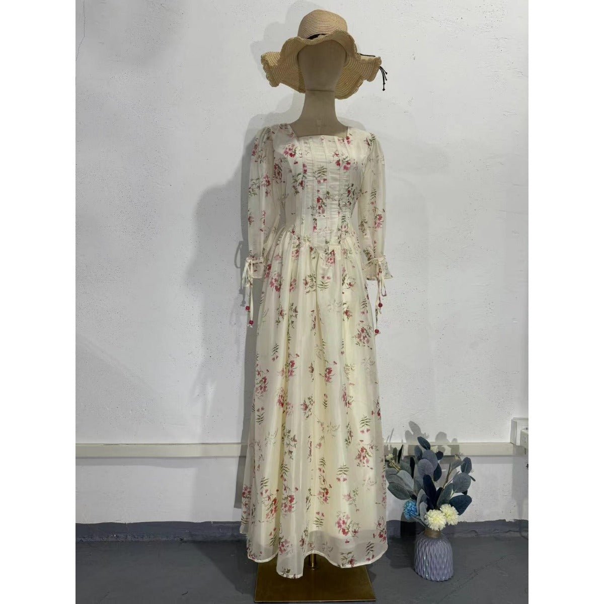 Floral Fairy Romantic Square Neck Bubble Sleeve Gown Dress Abaya with Back Lace-Up Detail (MA224)