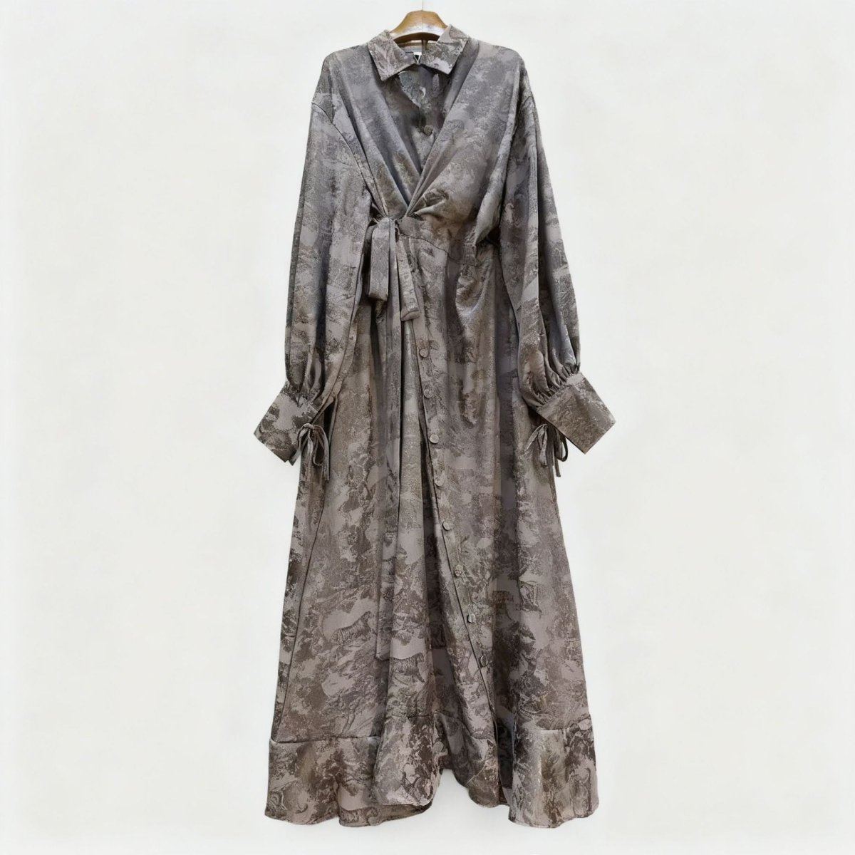 Floral Jacquard Wrap Dress | Collared Tie-Sleeve Maxi Dress(MS257)