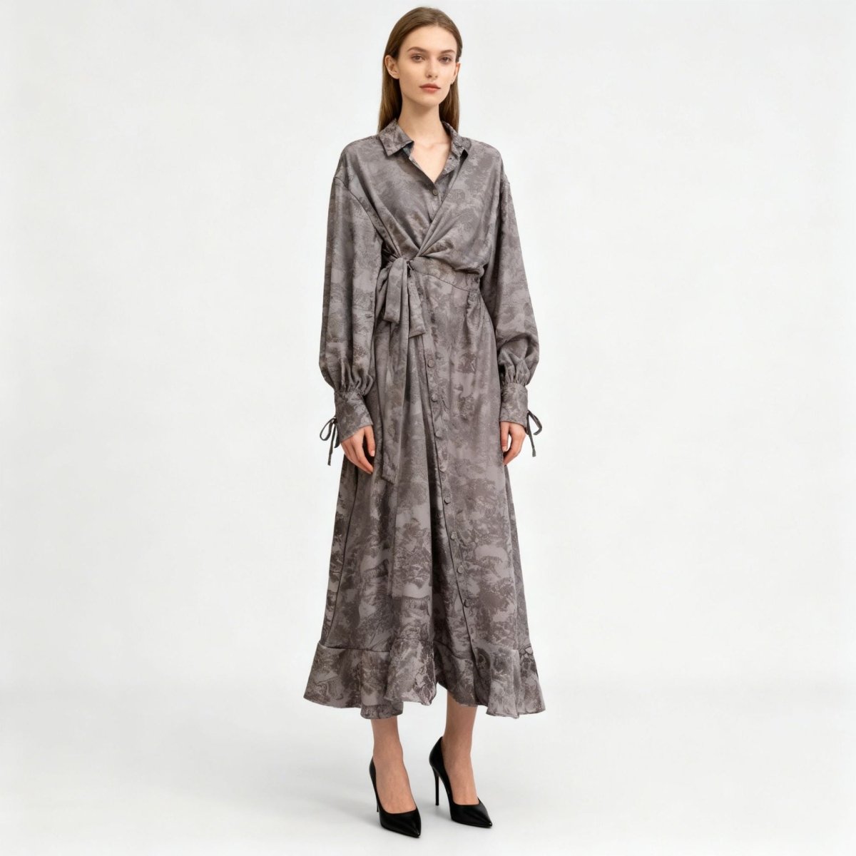 Floral Jacquard Wrap Dress | Collared Tie-Sleeve Maxi Dress(MS257)