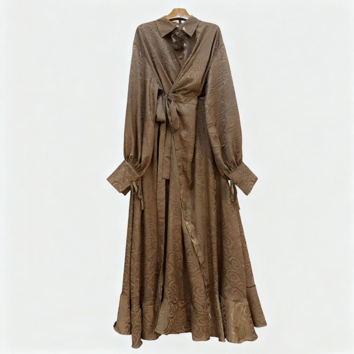 Floral Jacquard Wrap Dress | Collared Tie-Sleeve Maxi Dress(MS257)