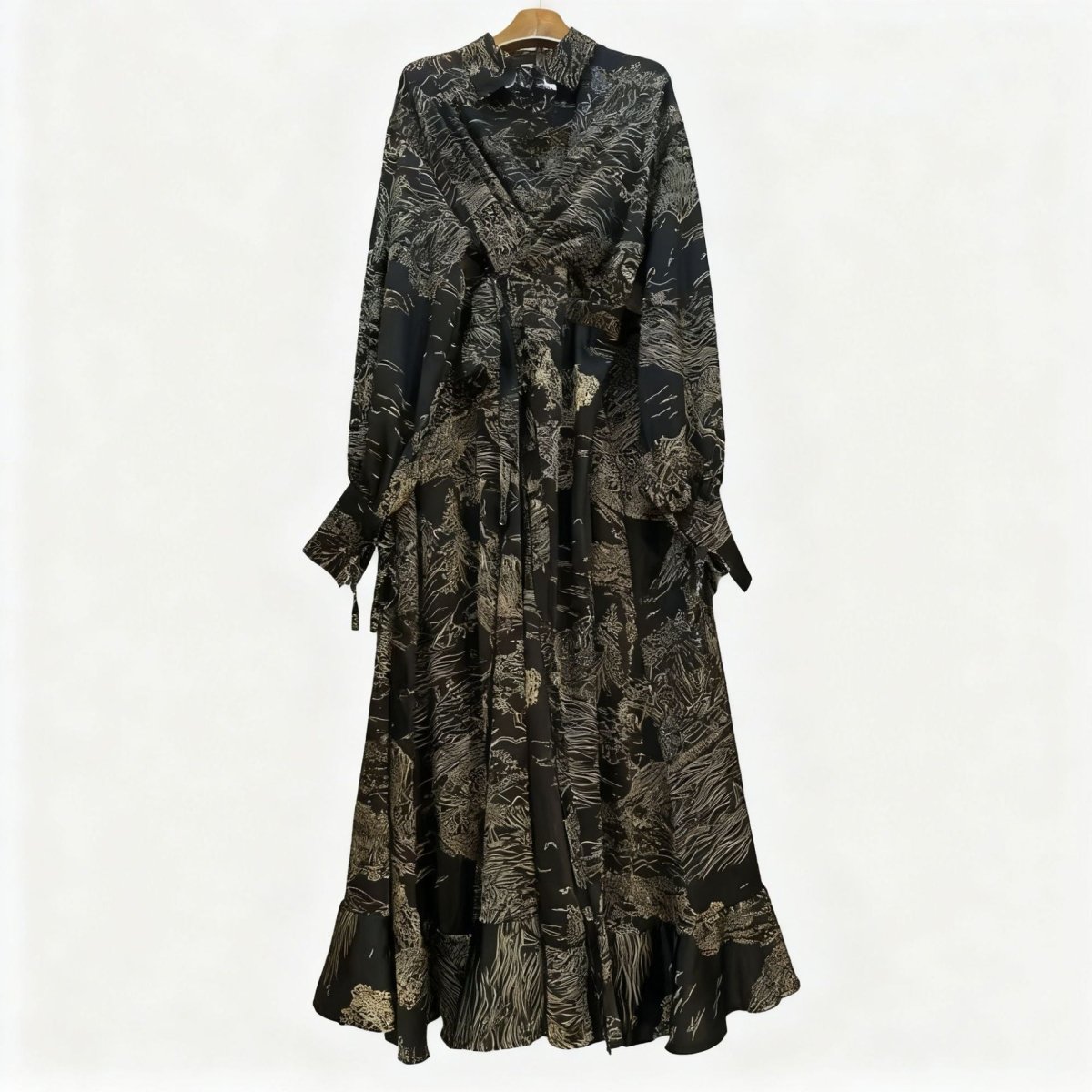 Floral Jacquard Wrap Dress | Collared Tie-Sleeve Maxi Dress(MS257)