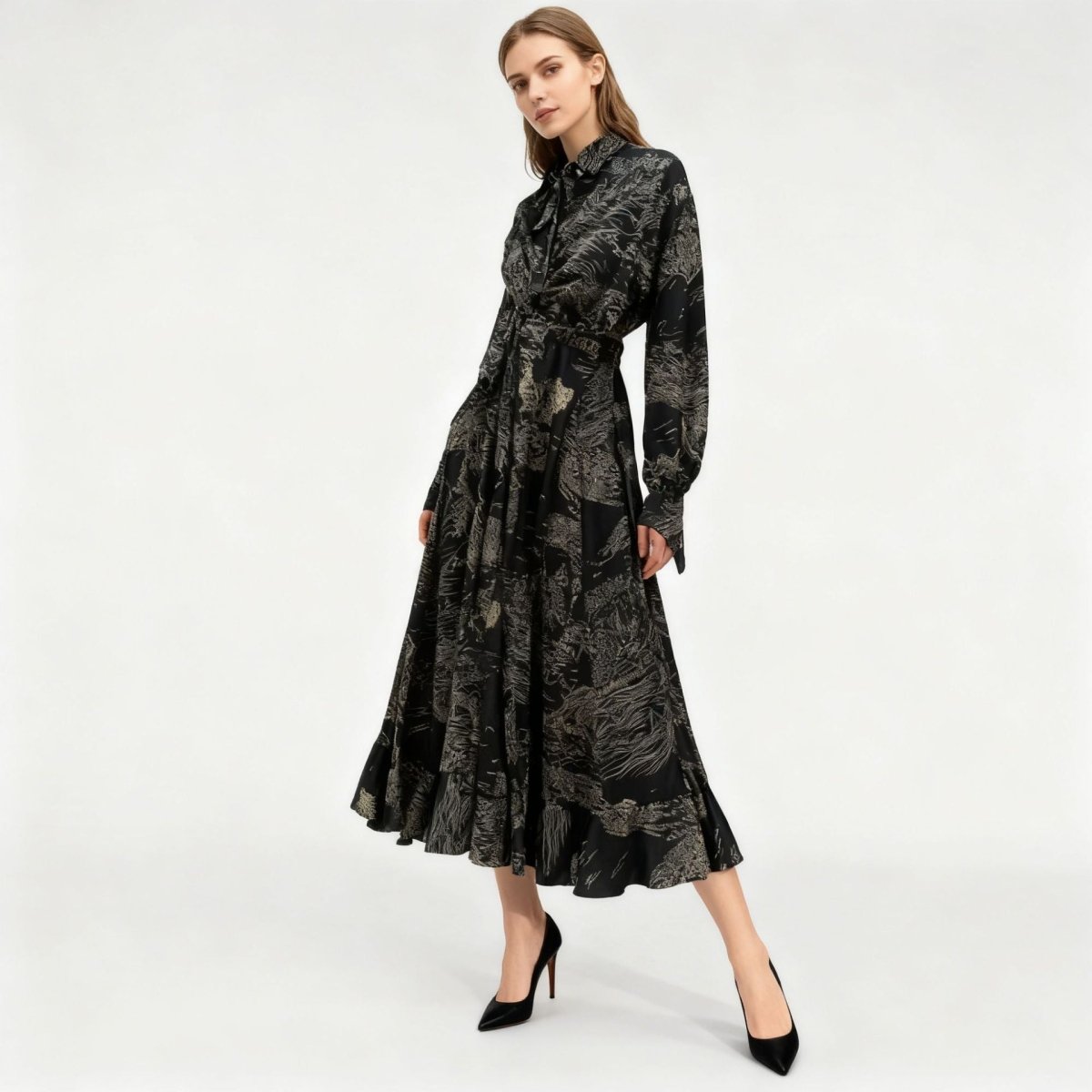 Floral Jacquard Wrap Dress | Collared Tie-Sleeve Maxi Dress(MS257)