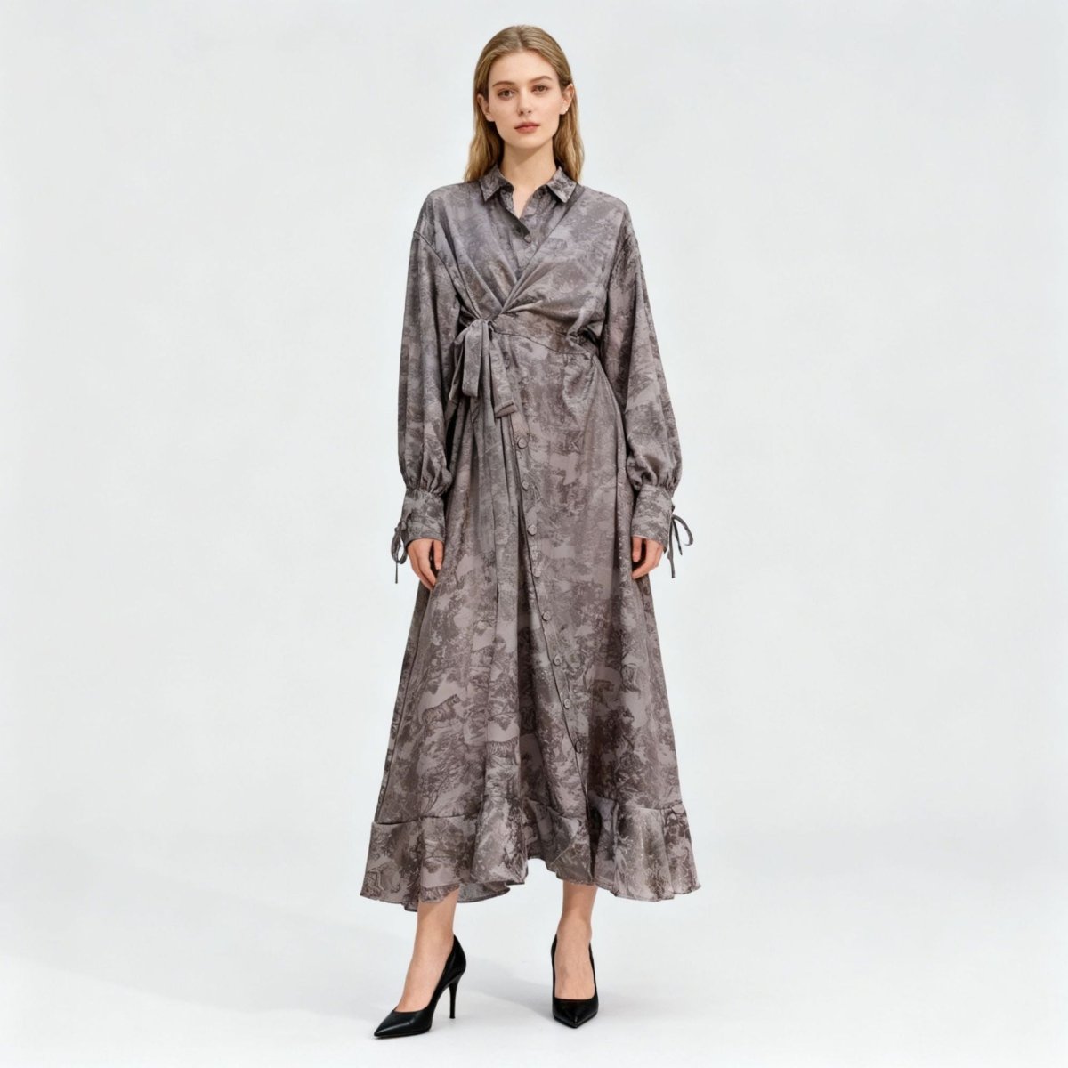 Floral Jacquard Wrap Dress | Collared Tie-Sleeve Maxi Dress(MS257)