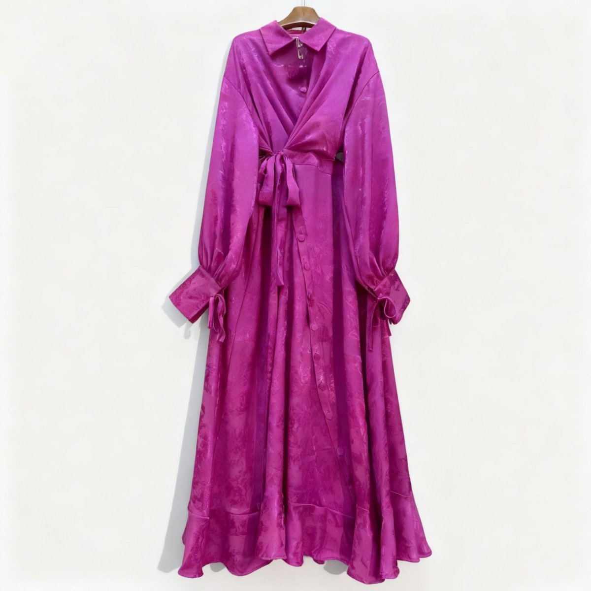 Floral Jacquard Wrap Dress | Collared Tie-Sleeve Maxi Dress(MS257)