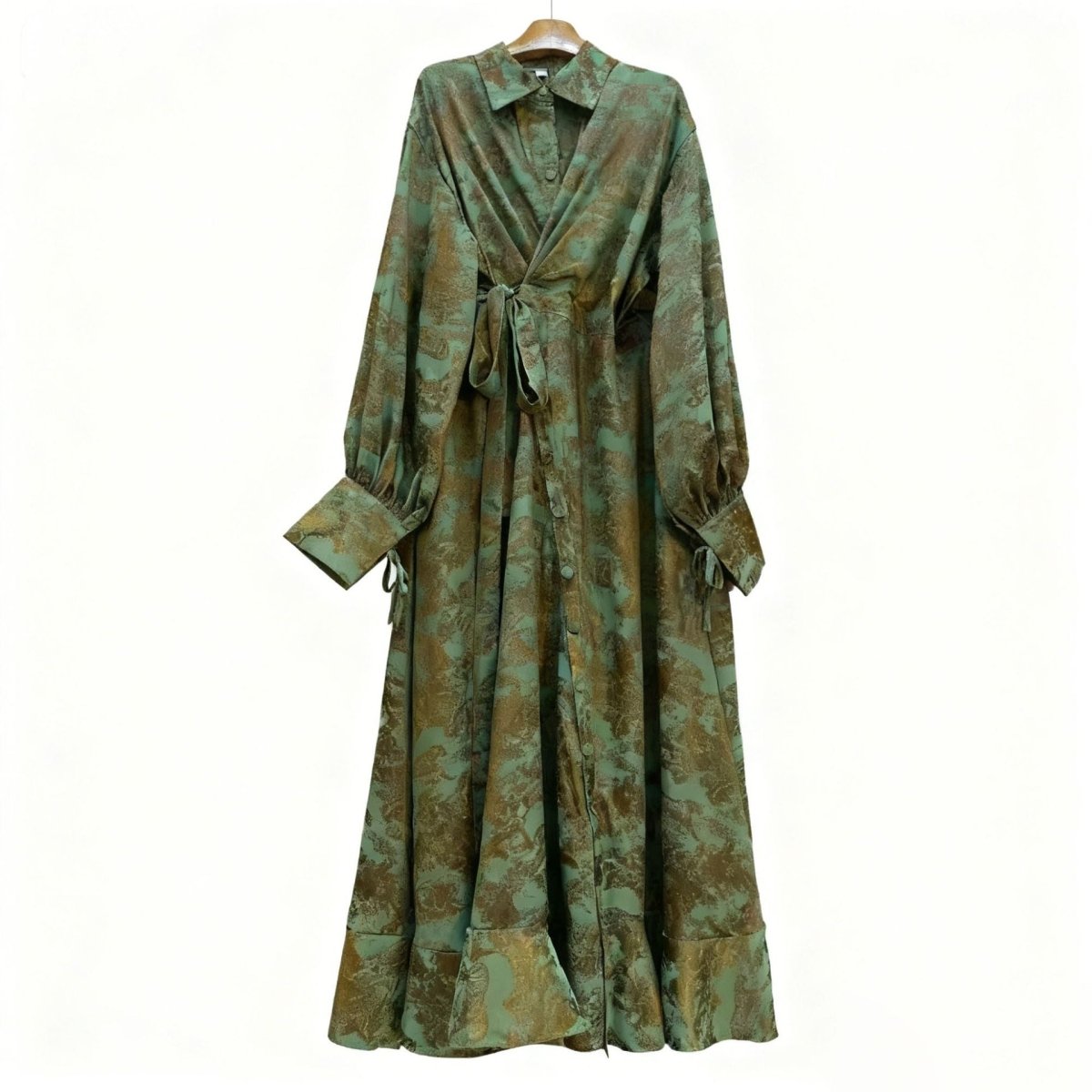 Floral Jacquard Wrap Dress | Collared Tie-Sleeve Maxi Dress(MS257)