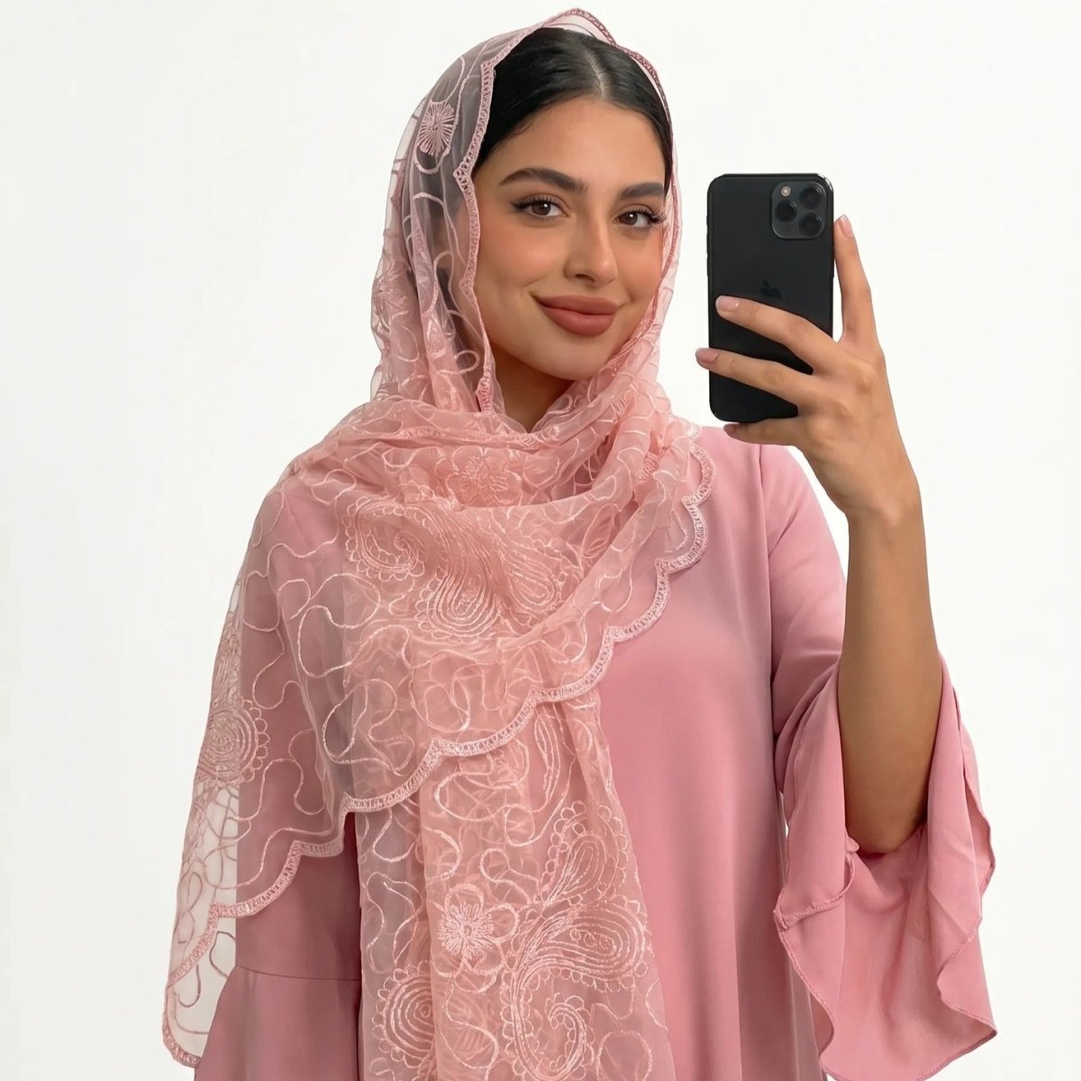 Floral Lace Embroidered Mesh Hijab(MH235)