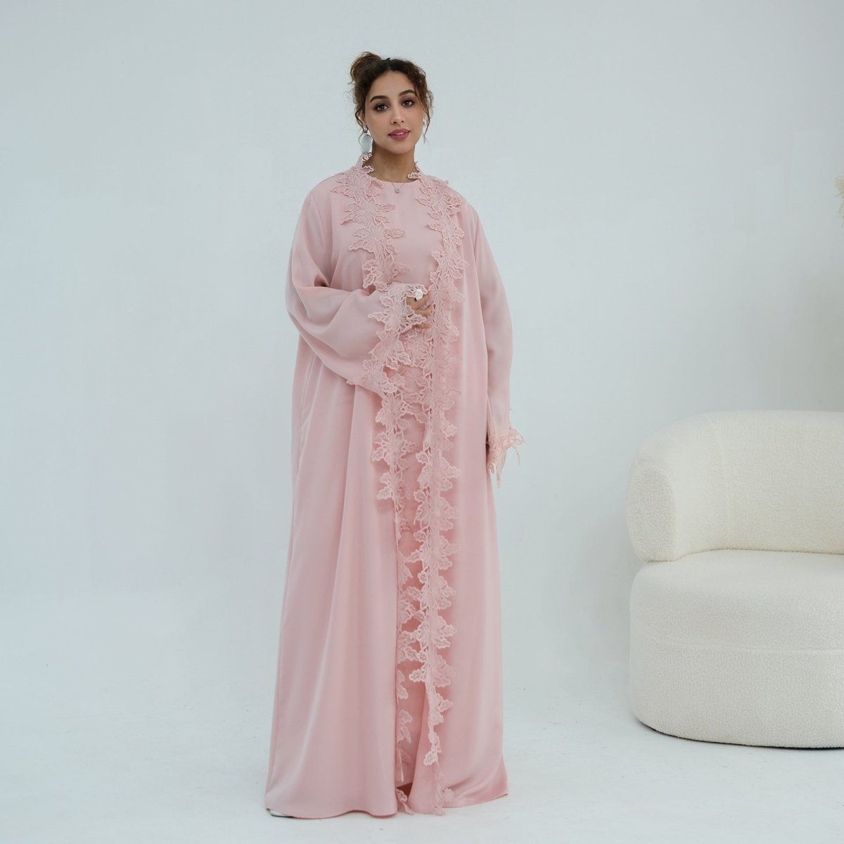 Floral Lace Trim Open Abaya & Sleeveless Inner Dress Set(MOA312)