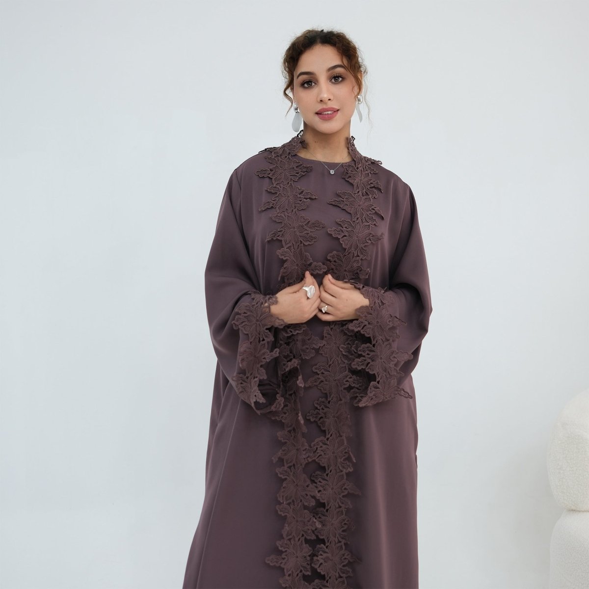 Floral Lace Trim Open Abaya & Sleeveless Inner Dress Set(MOA312)