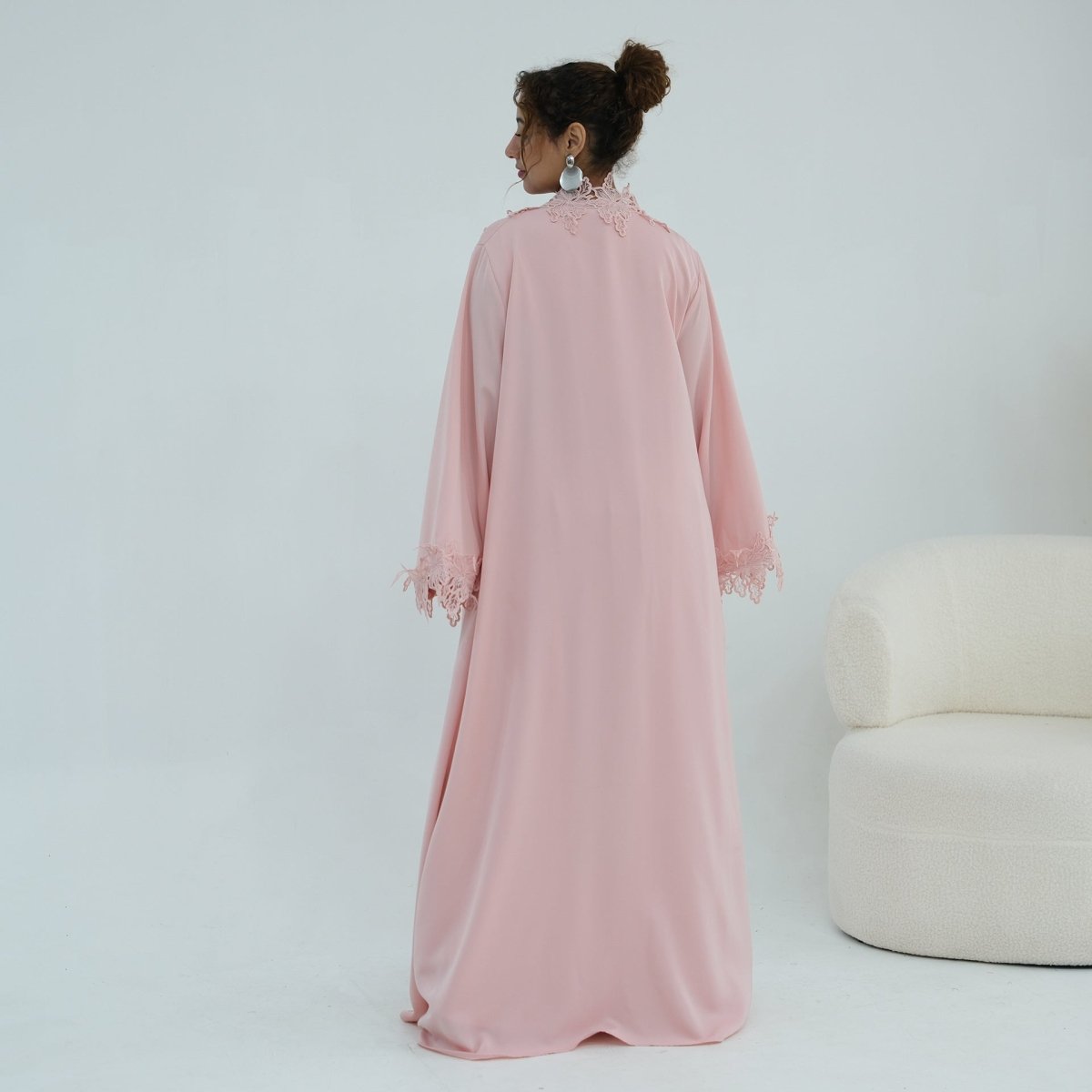 Floral Lace Trim Open Abaya & Sleeveless Inner Dress Set(MOA312)