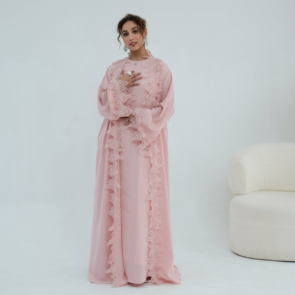 Floral Lace Trim Open Abaya & Sleeveless Inner Dress Set(MOA312)